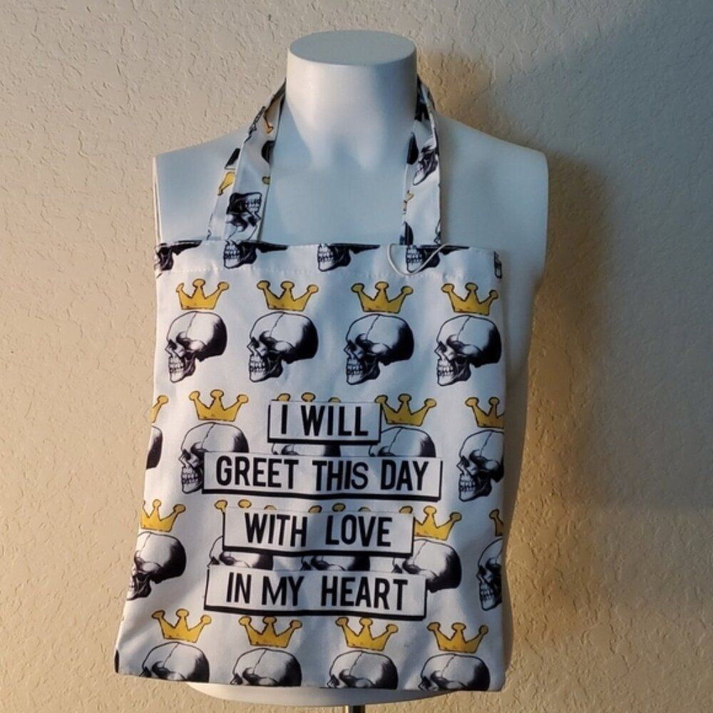 Canvas Tote Bag Skull with Crown Graphic I Will Greet This Day With Love